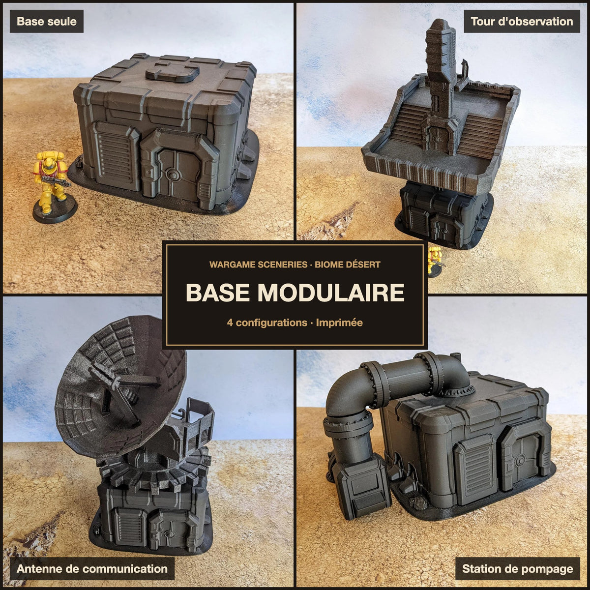 Base modulaire Biome désert imprimée : base seule, tour d'observation, antenne de communication et station de pompage
