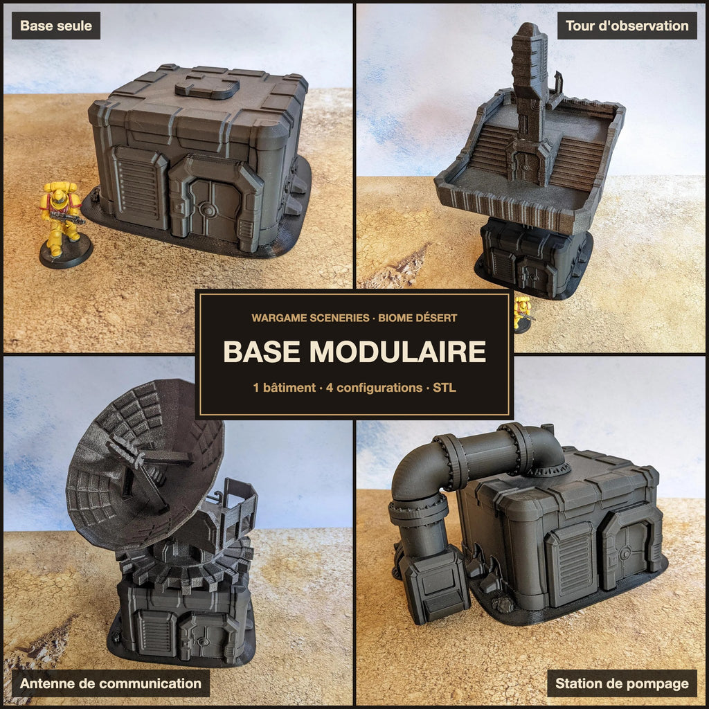 Base modulaire Biome désert en fichiers STL : base seule, tour d'observation, antenne de communication et station de pompage
