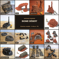 Biome désert, collection complète en fichiers STL : mosaïque des 14 décors de la gamme