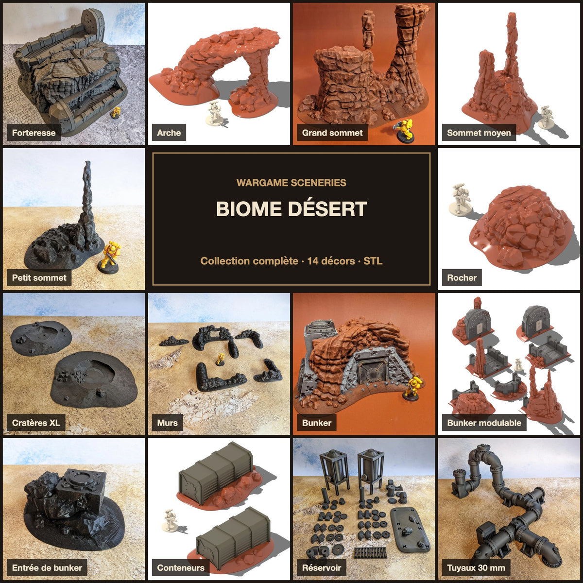Biome désert, collection complète en fichiers STL : mosaïque des 14 décors de la gamme