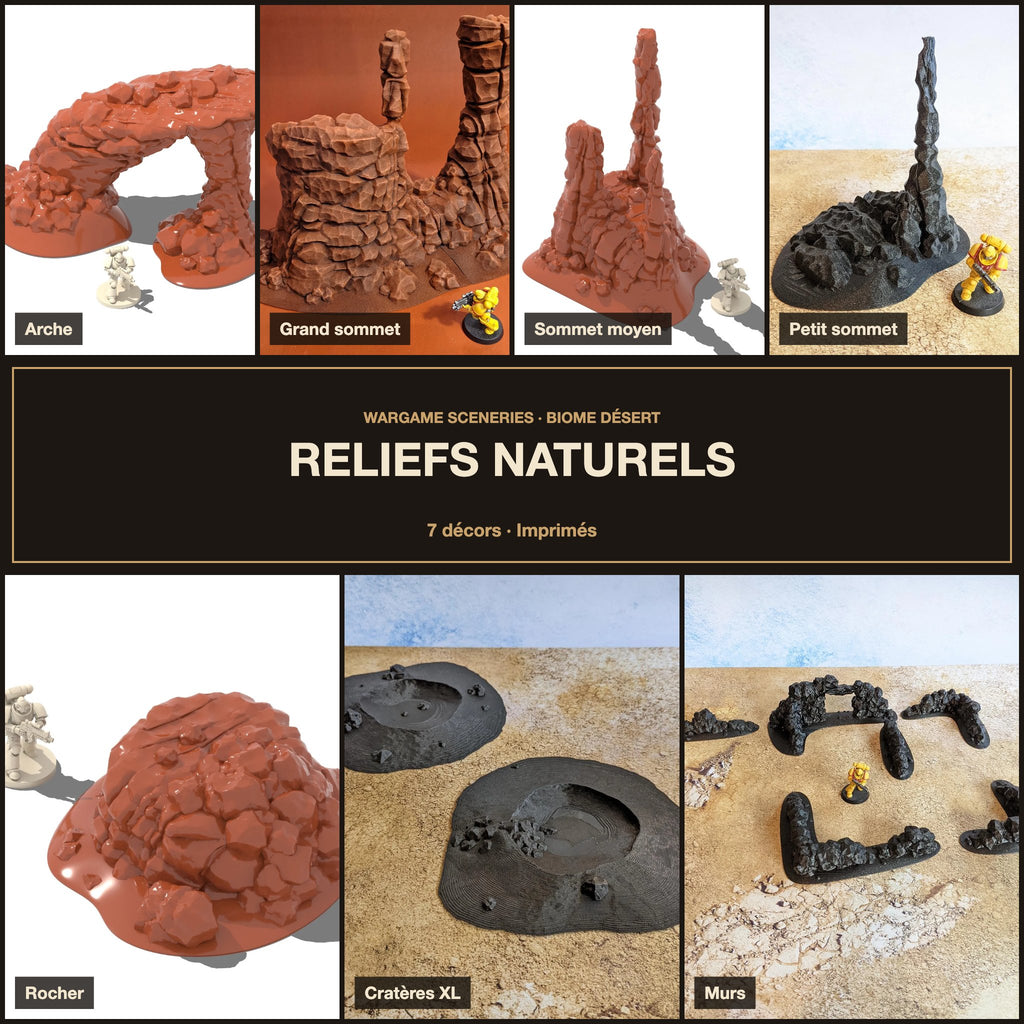 Reliefs naturels Biome désert imprimés : arche, sommets, rocher, cratères et murs